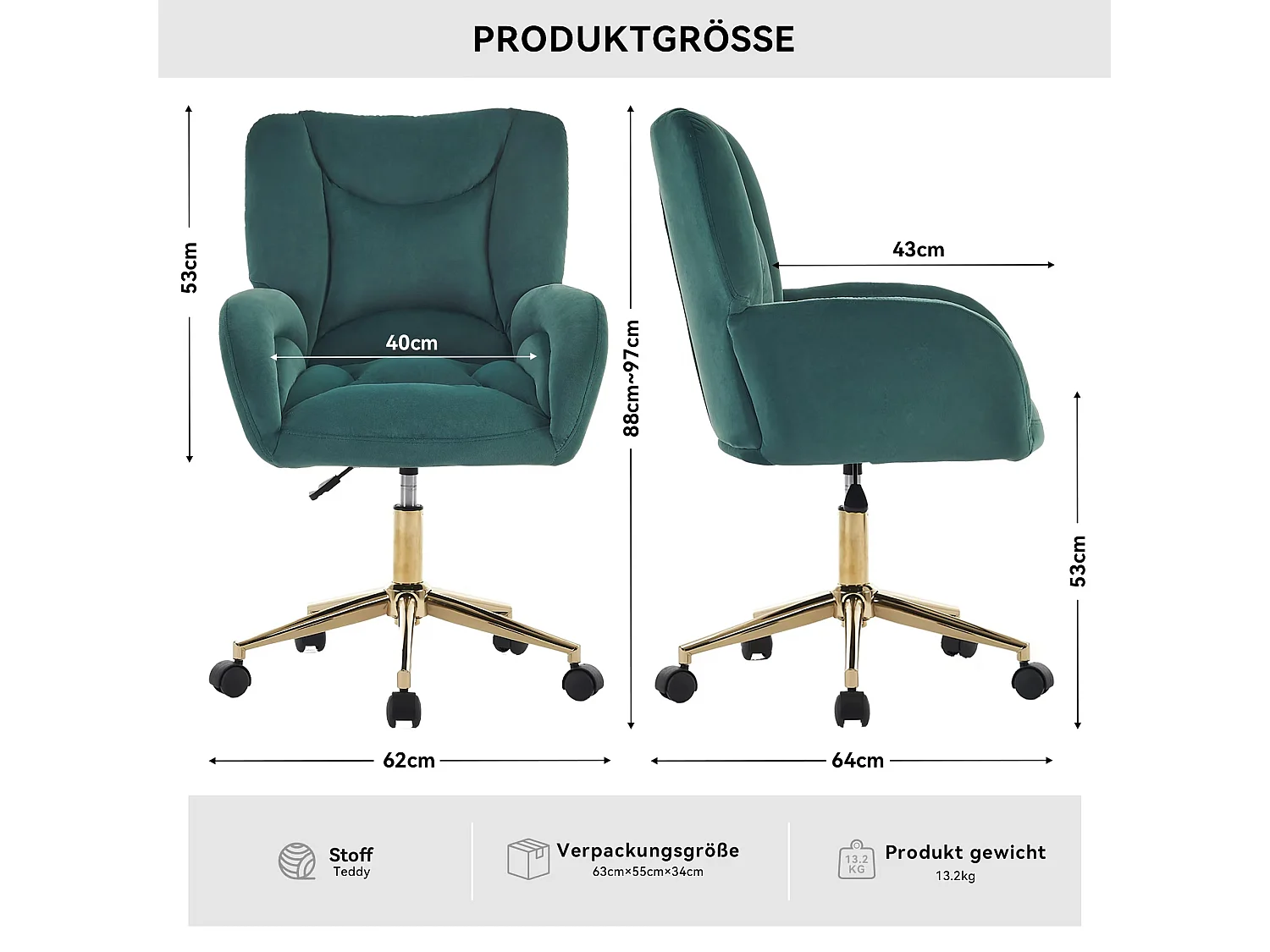 Fauteuil Bureau velours vert pivotant réglable 360° intérieur pied dorés