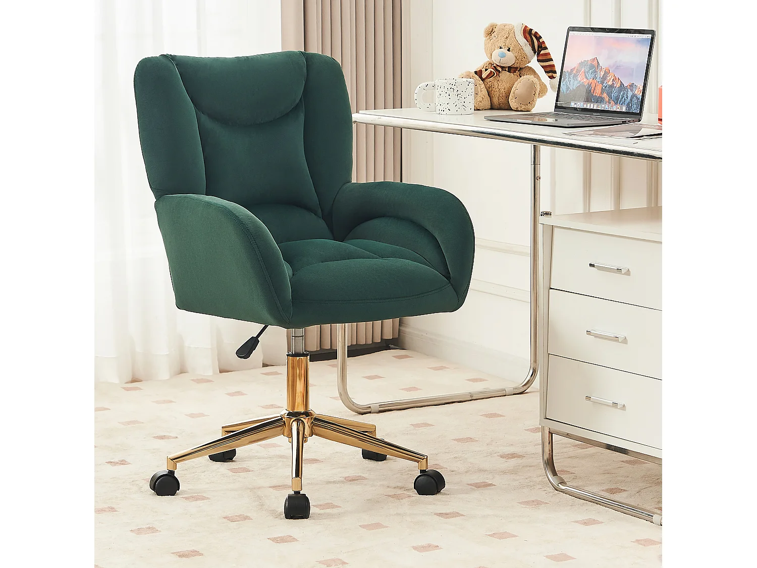 Fauteuil Bureau velours vert pivotant réglable 360° intérieur pied dorés