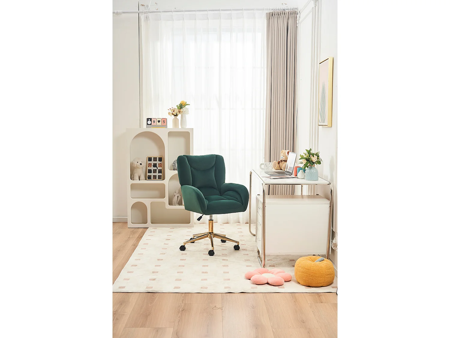 Fauteuil Bureau velours vert pivotant réglable 360° intérieur pied dorés