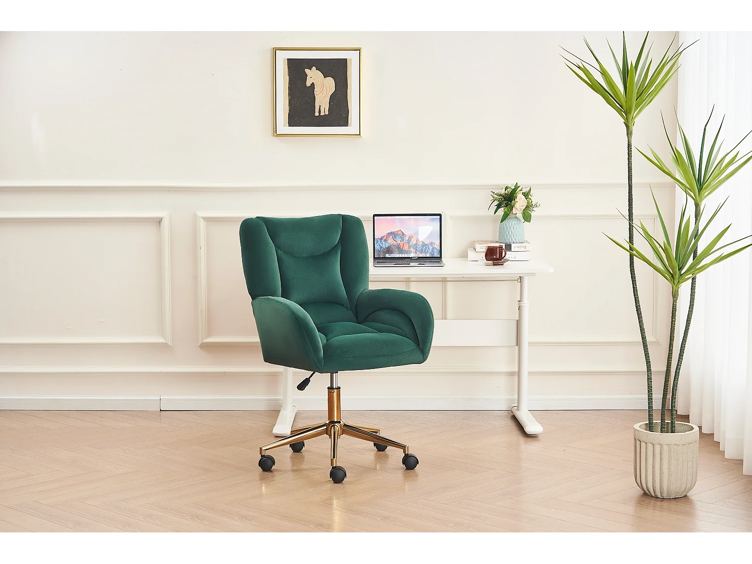 Fauteuil Bureau velours vert pivotant réglable 360° intérieur pied dorés