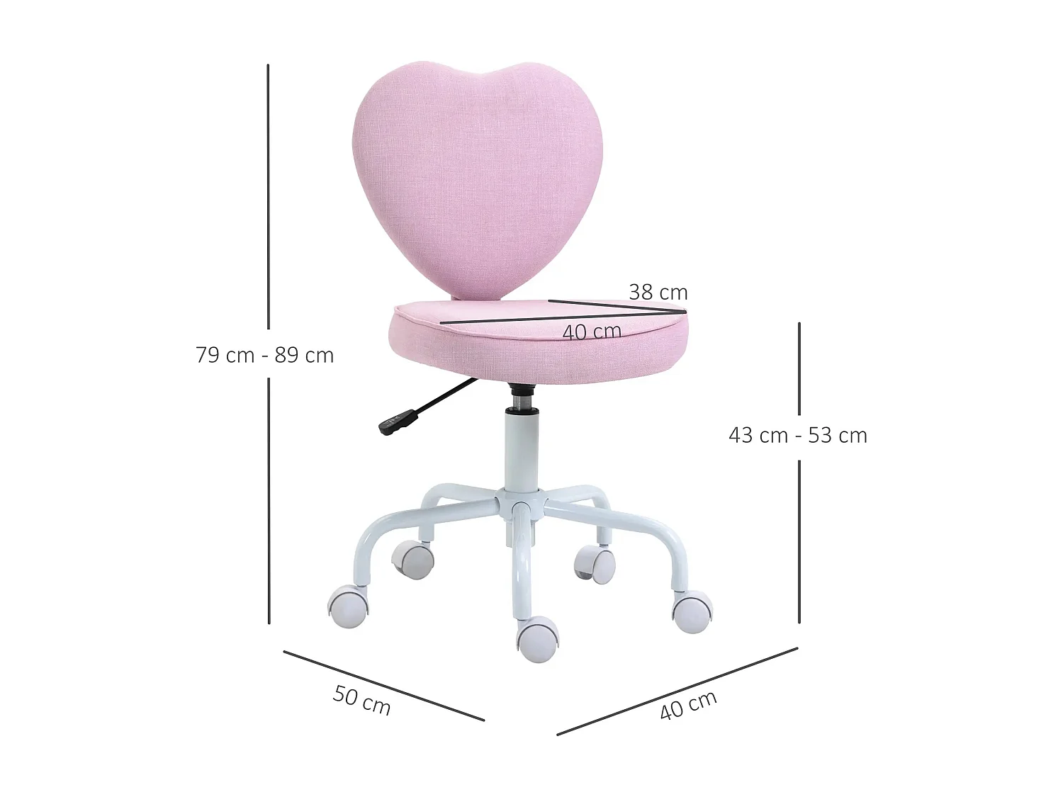 Silla de oficina giratoria de lino rosa con forma de corazón y asiento acolchado 40x50x79-89cm