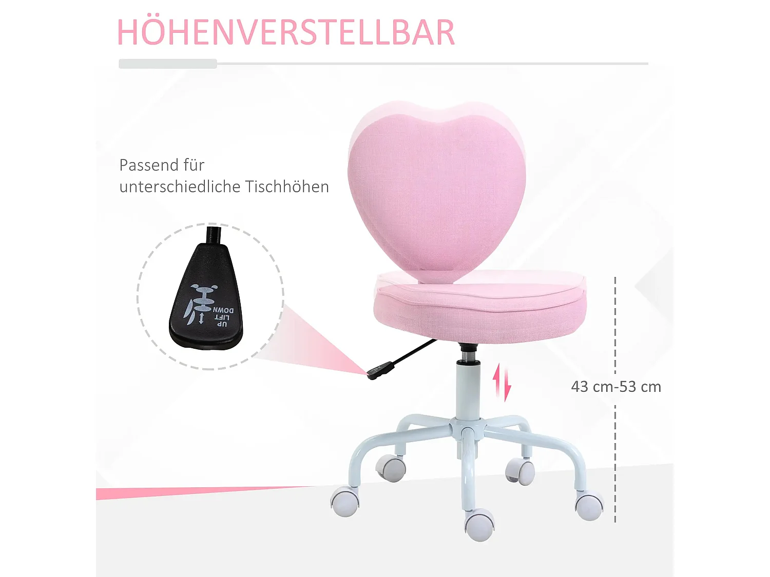 Silla de oficina giratoria de lino rosa con forma de corazón y asiento acolchado 40x50x79-89cm