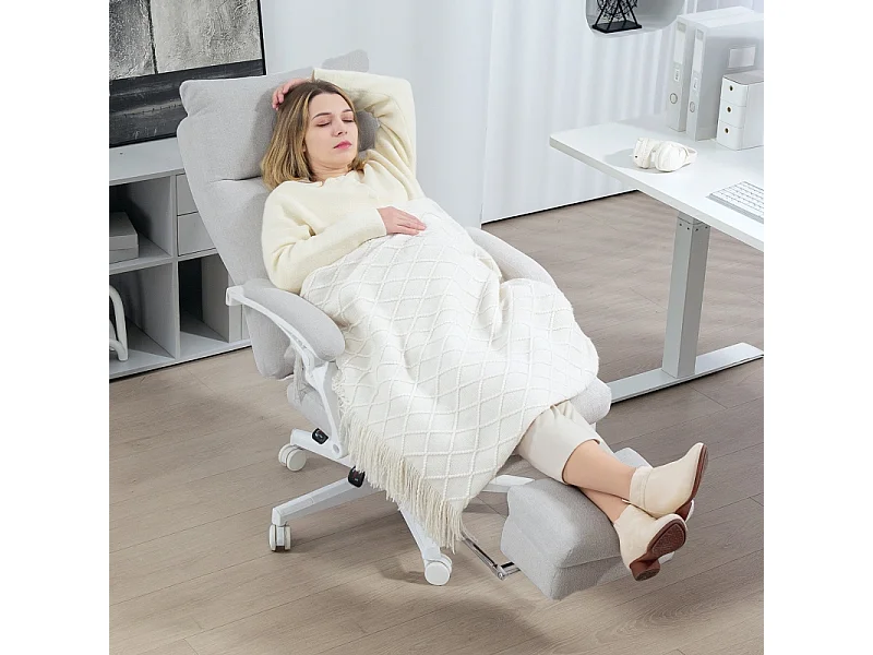 Cadeira de escritório ergonômica com encosto alto, apoio lombar, linho, reclinável, creme