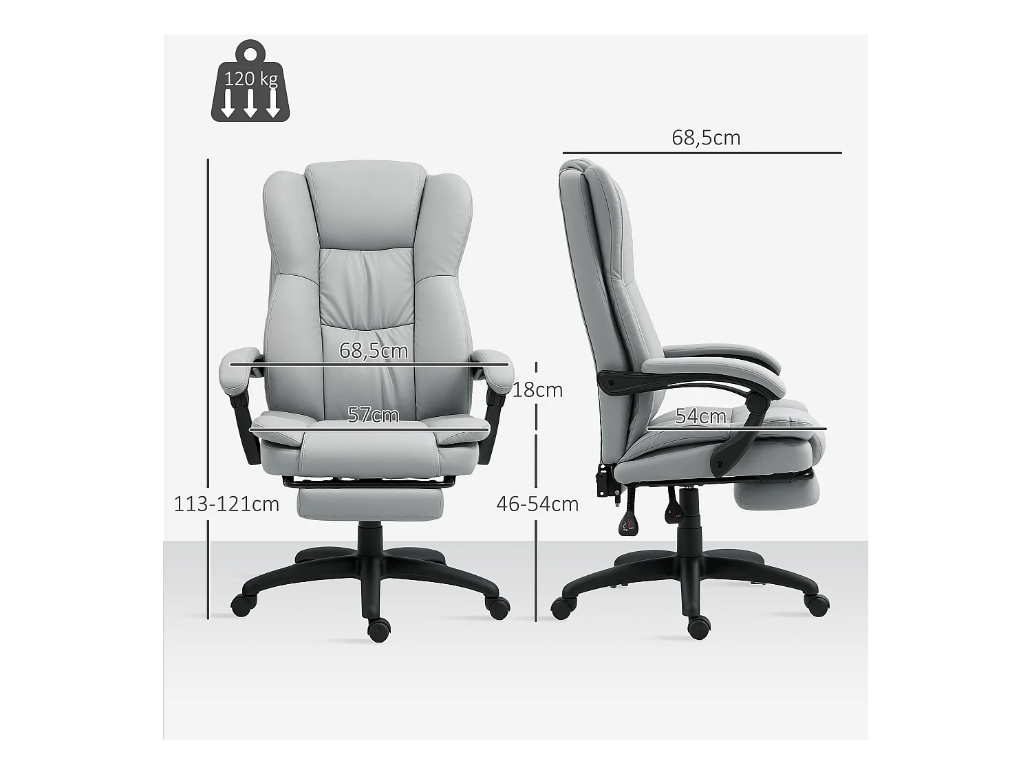 Sedia da ufficio ergonomica in pelle sintetica con massaggio, inclinabile, poggiapiedi, grigio chiaro