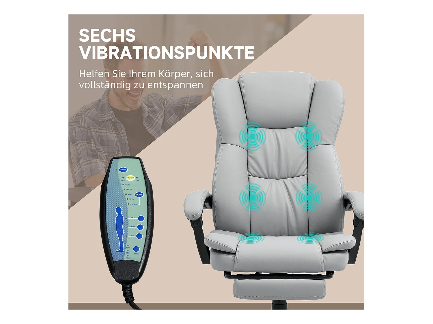 Sedia da ufficio ergonomica in pelle sintetica con massaggio, inclinabile, poggiapiedi, grigio chiaro