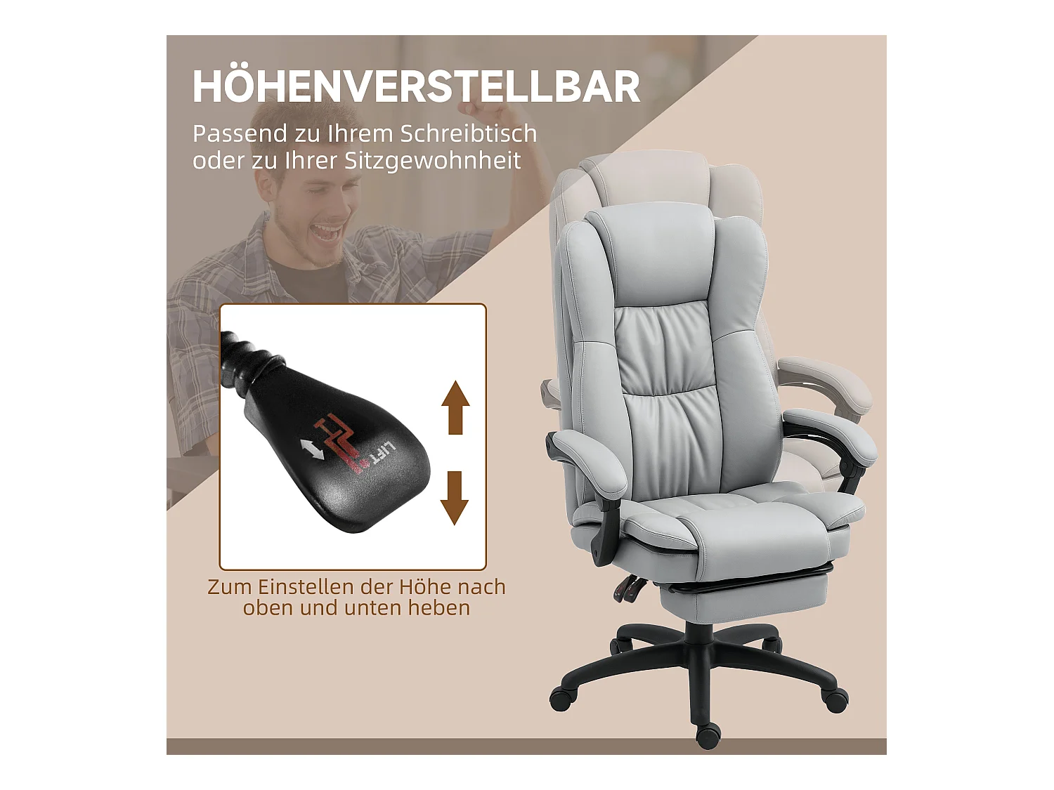 Sedia da ufficio ergonomica in pelle sintetica con massaggio, inclinabile, poggiapiedi, grigio chiaro