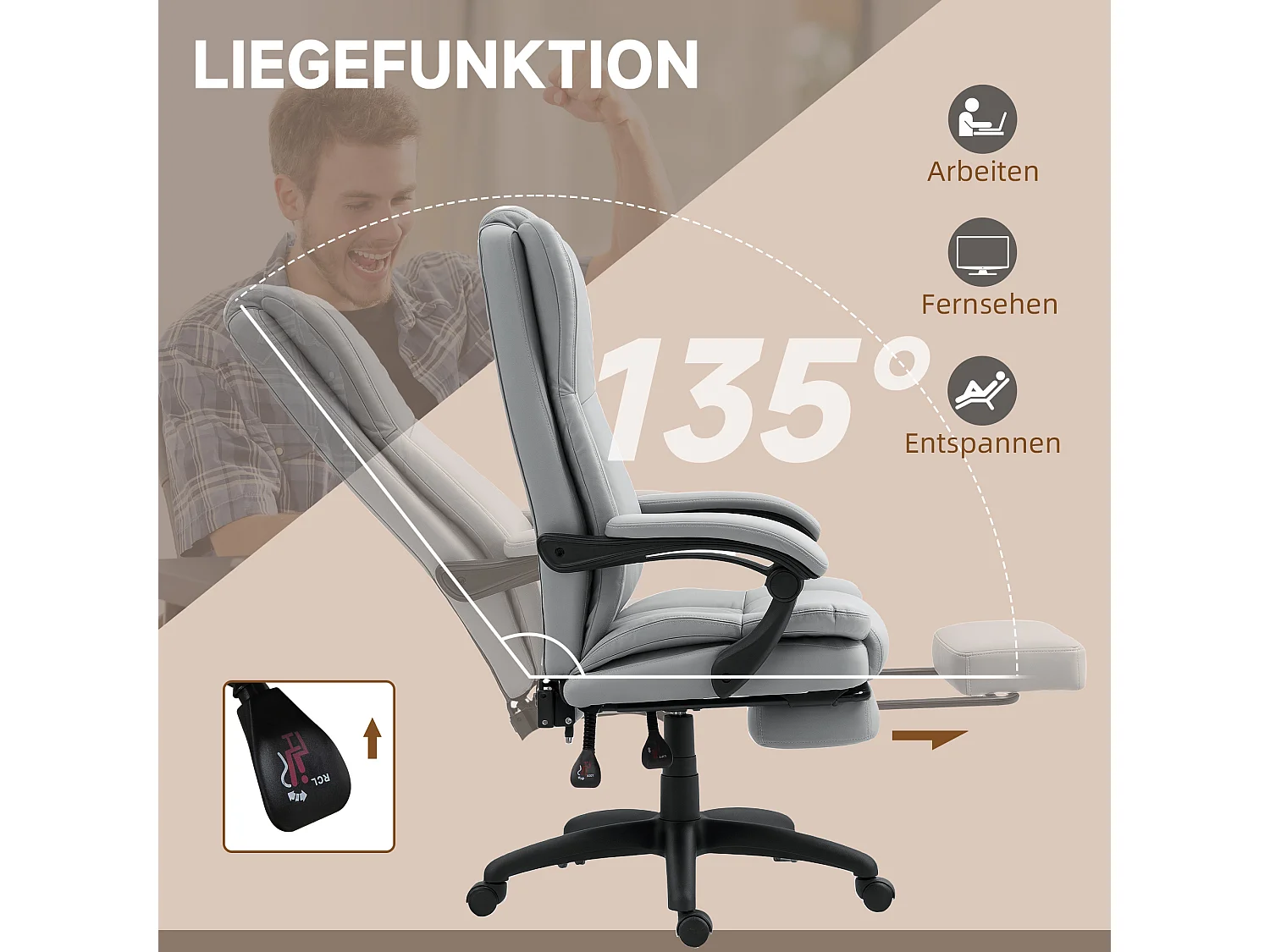 Sedia da ufficio ergonomica in pelle sintetica con massaggio, inclinabile, poggiapiedi, grigio chiaro