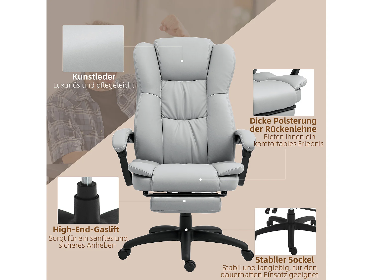 Sedia da ufficio ergonomica in pelle sintetica con massaggio, inclinabile, poggiapiedi, grigio chiaro