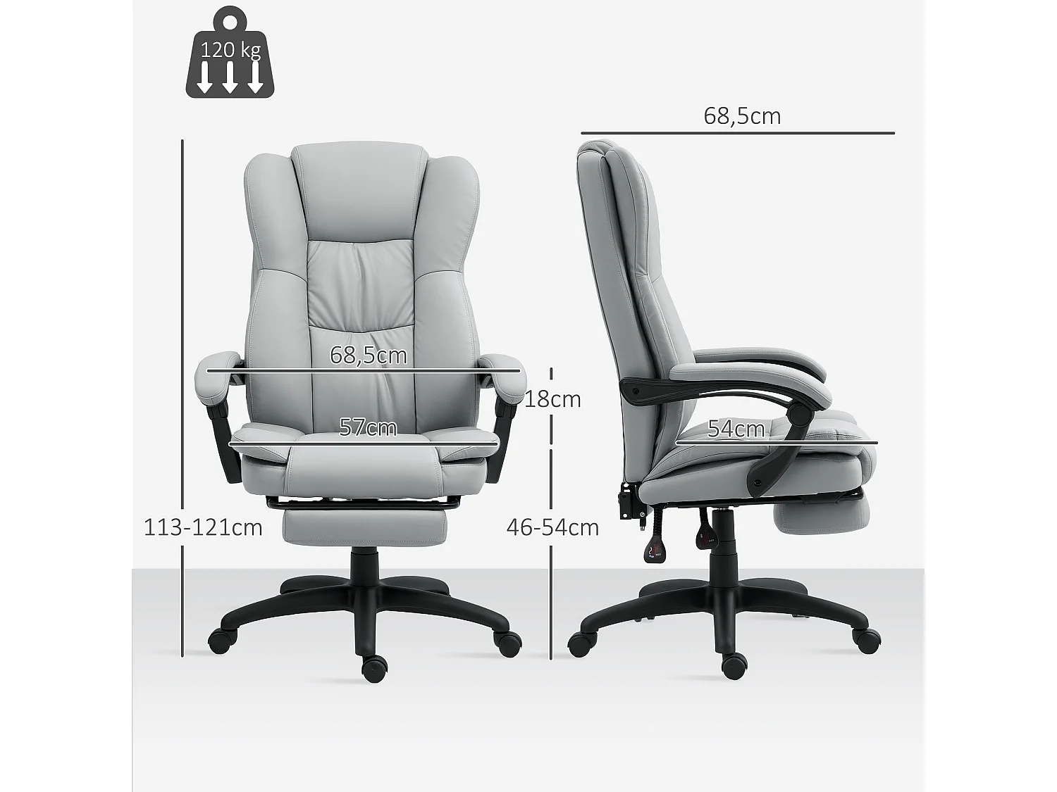 Cadeira de escritório ergonômica em couro sintético com massagem, reclinável, apoio para os pés, cinza claro