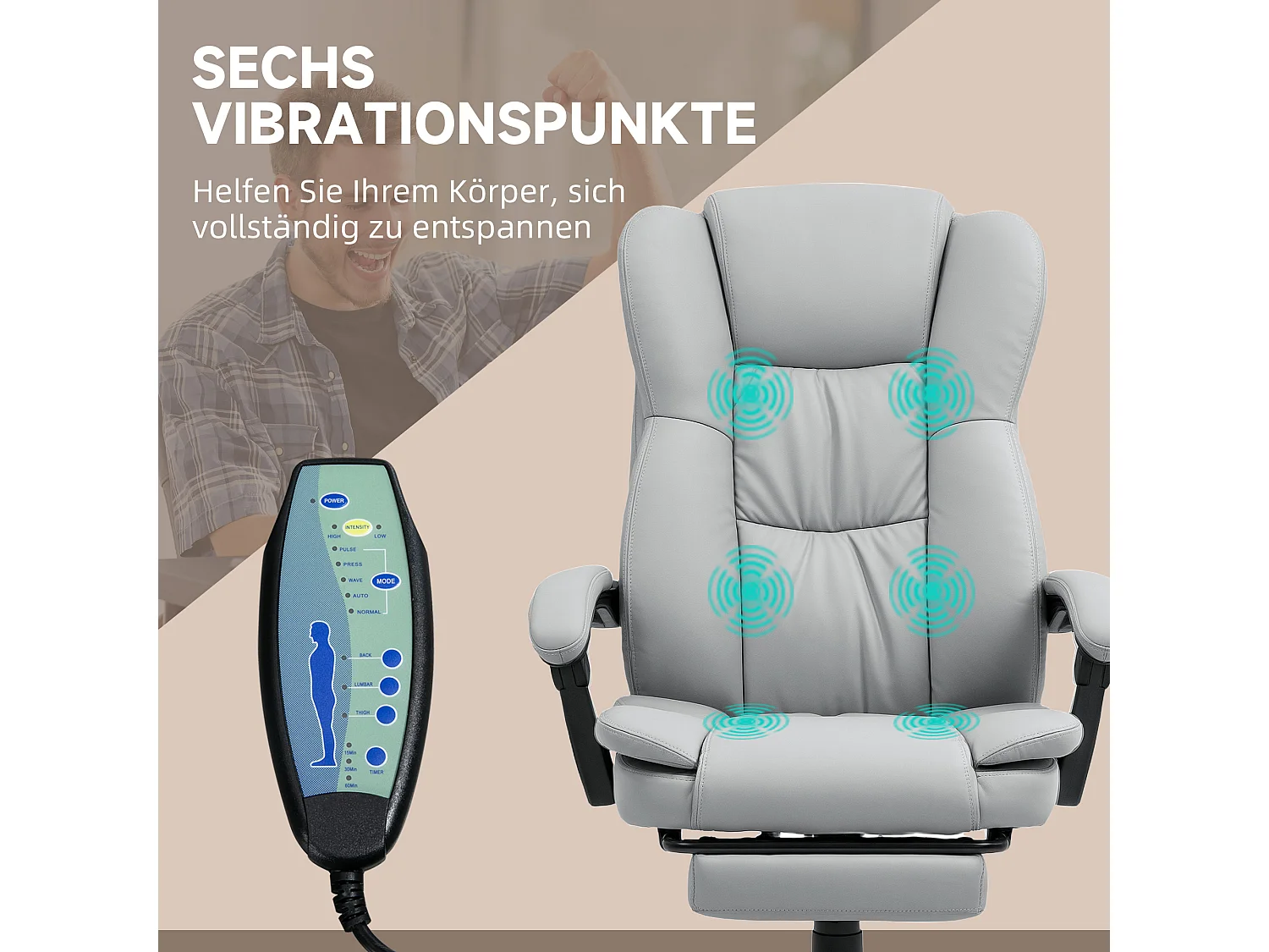 Cadeira de escritório ergonômica em couro sintético com massagem, reclinável, apoio para os pés, cinza claro