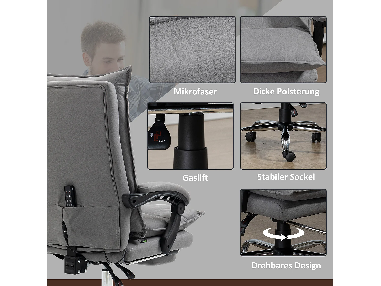 Cadeira de escritório ergonômica de microfibra com massagem, reclinável, apoio para os pés, cinza escuro