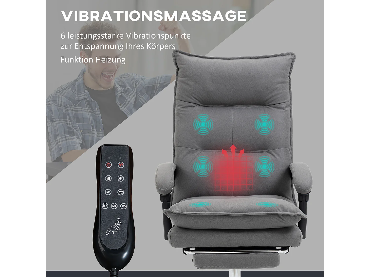 Silla de oficina ergonómica de microfibra con masaje, reclinable y reposapiés, gris oscuro