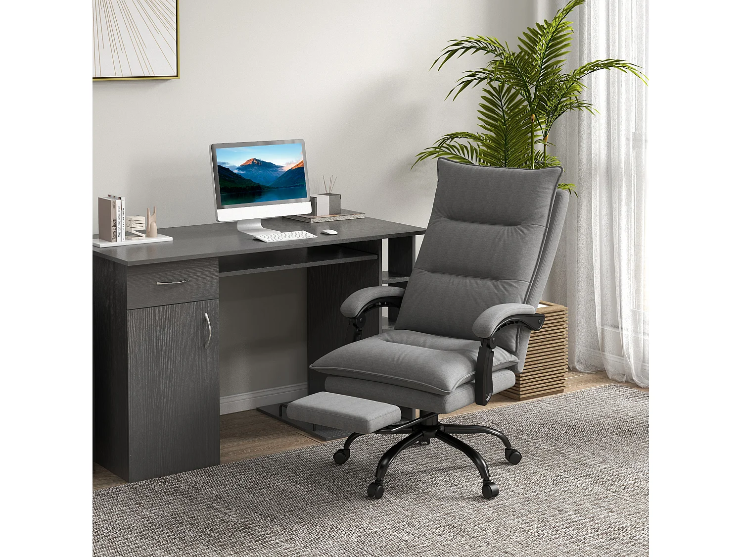 Silla de oficina ergonómica de microfibra con masaje, reclinable y reposapiés, gris oscuro