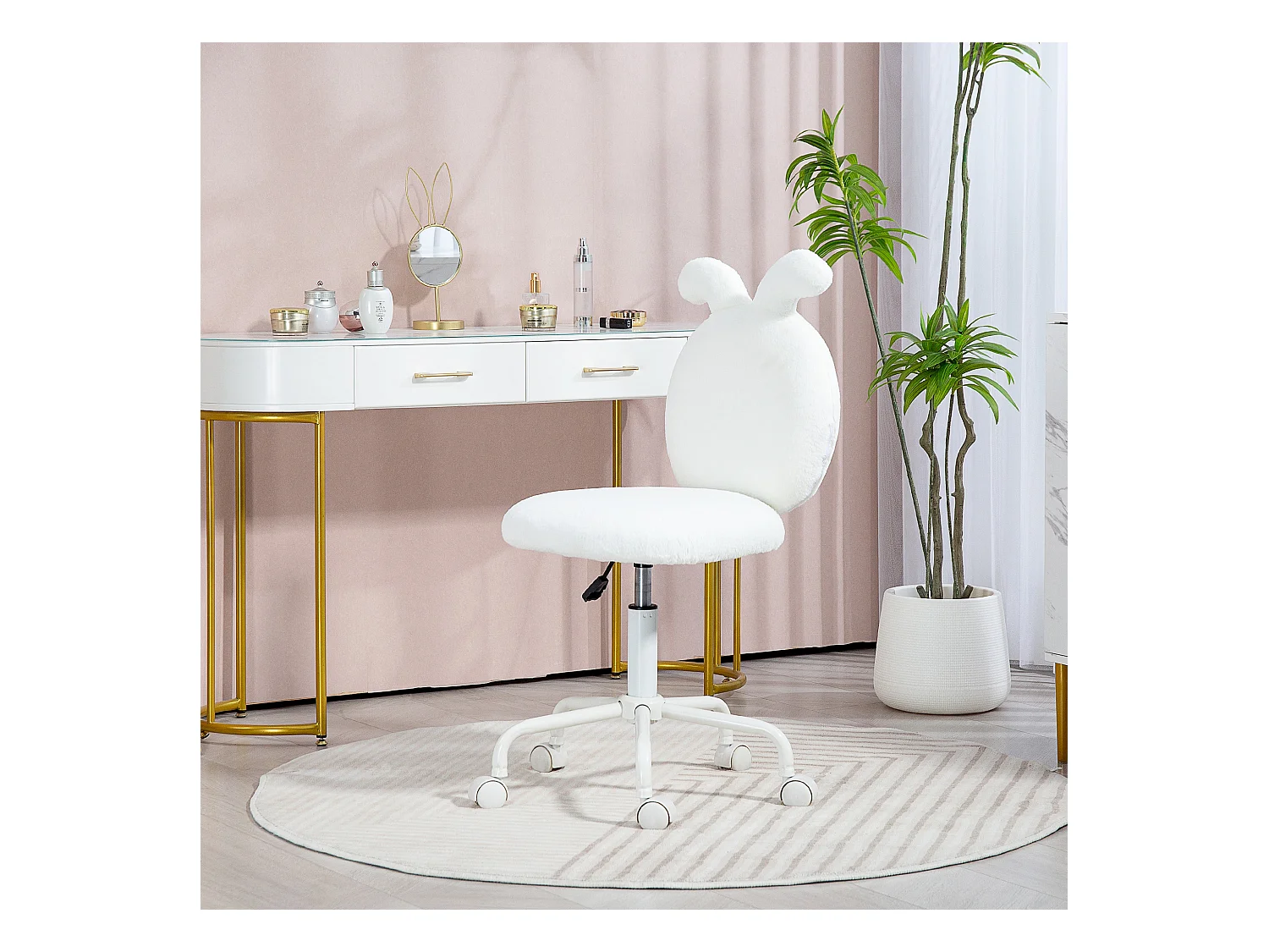 Sedia da ufficio bianca con orecchie di lapino in velluto, chaise maquillage regolabile