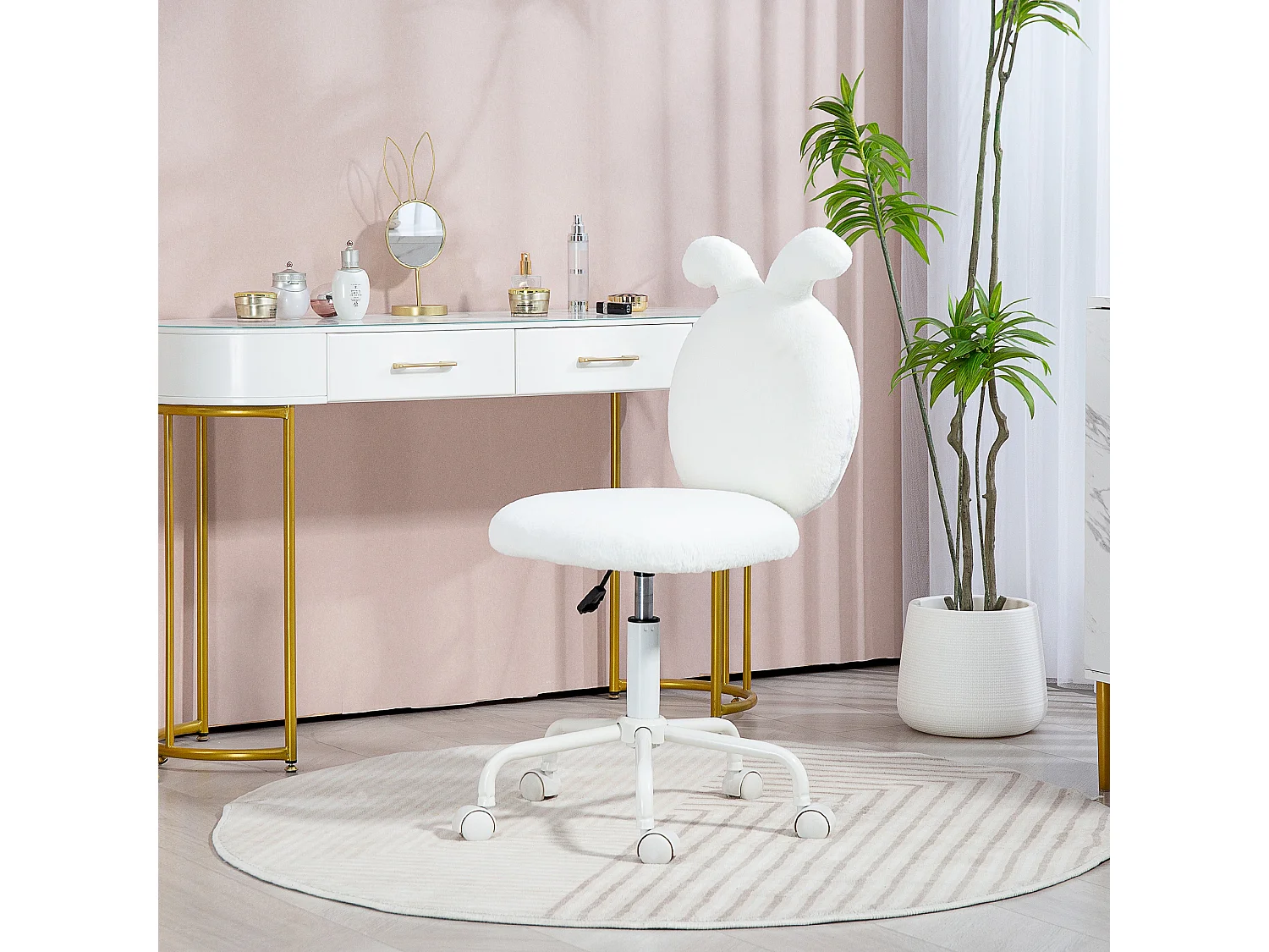 Sedia da ufficio bianca con orecchie di lapino in velluto, chaise maquillage regolabile