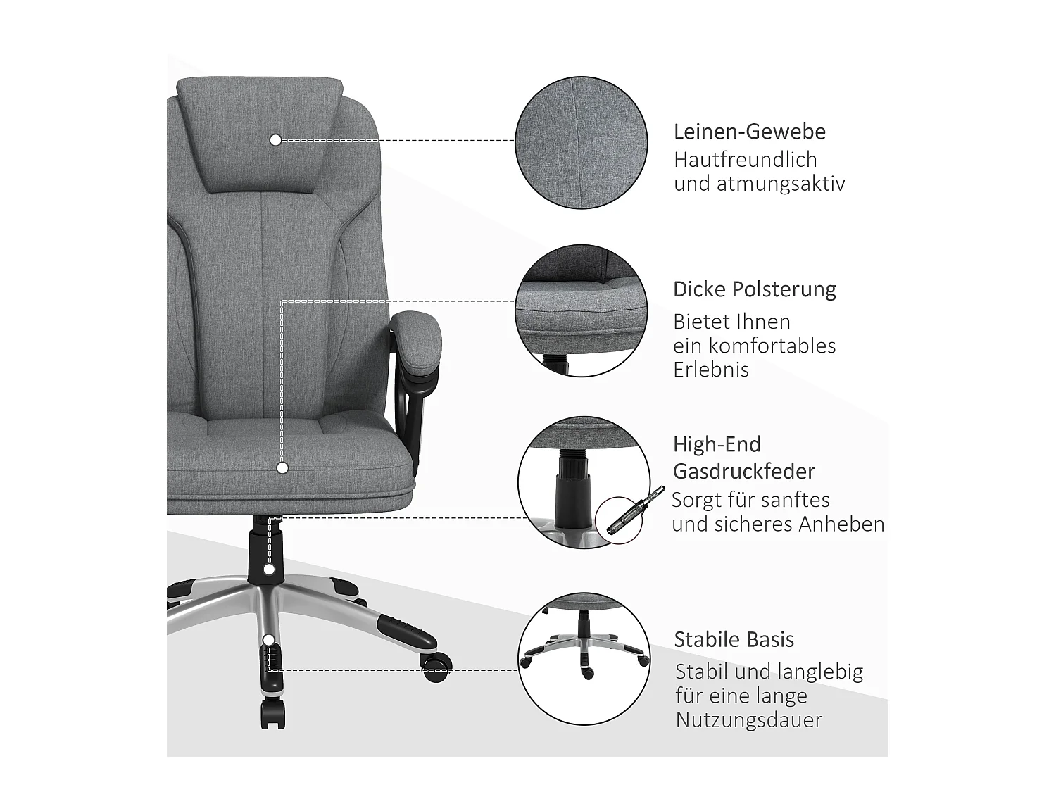 Cadeira ergonômica de escritório em linho com braços, apoio de cabeça e função de balanço 66x75x110-120 cm