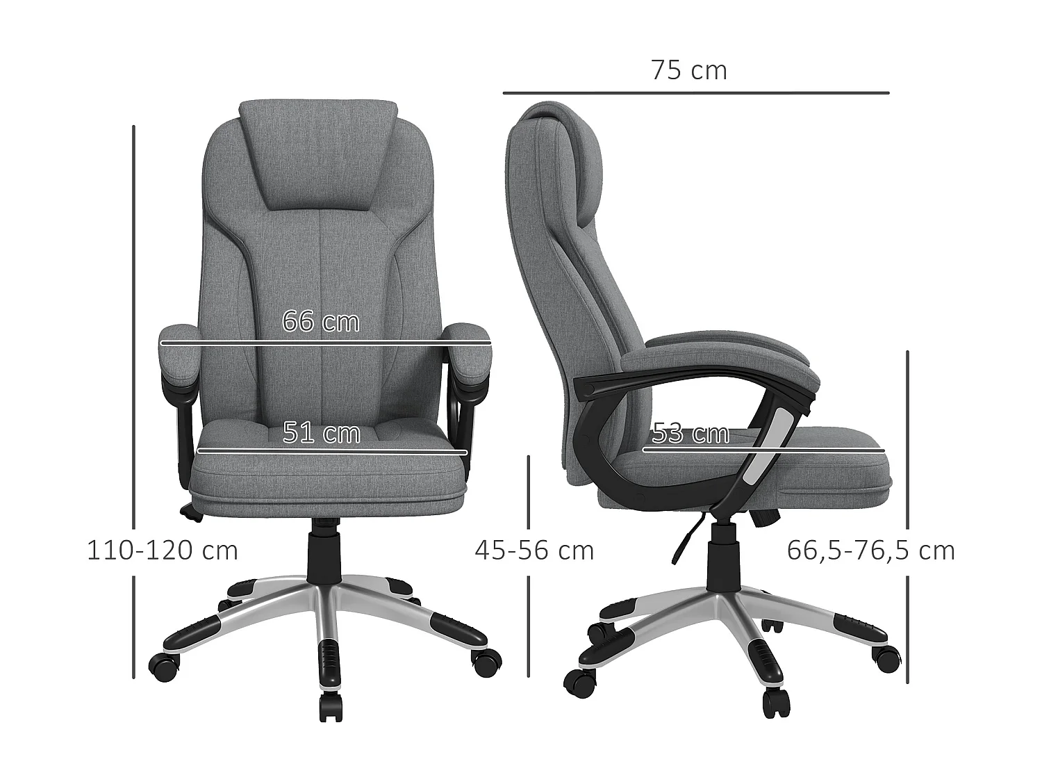 Cadeira ergonômica de escritório em linho com braços, apoio de cabeça e função de balanço 66x75x110-120 cm