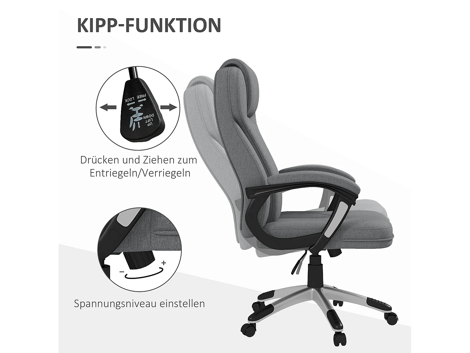 Cadeira ergonômica de escritório em linho com braços, apoio de cabeça e função de balanço 66x75x110-120 cm