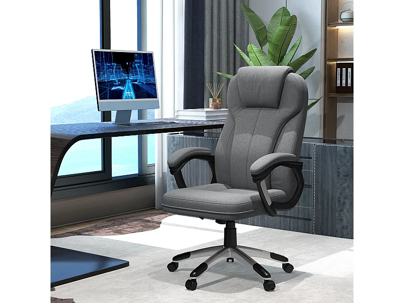 Cadeira ergonômica de escritório em linho com braços, apoio de cabeça e função de balanço 66x75x110-120 cm