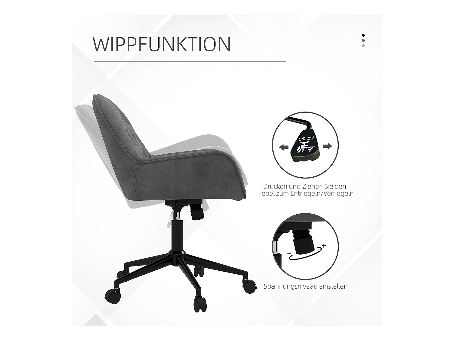 Cadeira ergonômica para escritório em veludo cinza escuro, cadeira executiva com altura ajustável 60x61x81-91cm