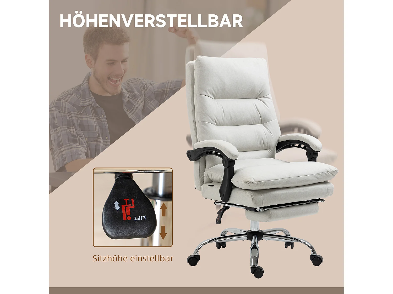 Sillón de masaje de oficina de piel sintética color crema con respaldo reclinable a 135°, altura regulable, 120 kg