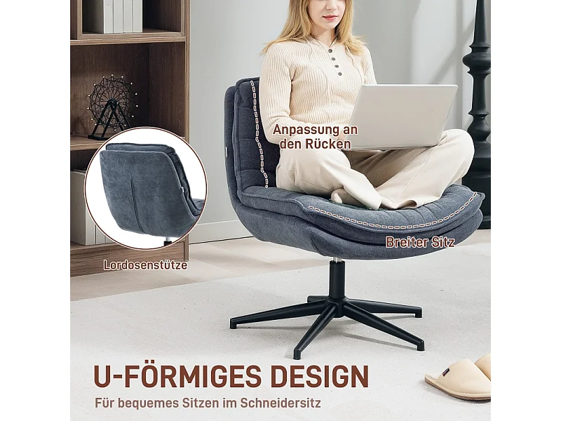 Chaise de Bureau sans accoudoirs tessuto lin large assise pivotante pour Home-Office grigio foncé