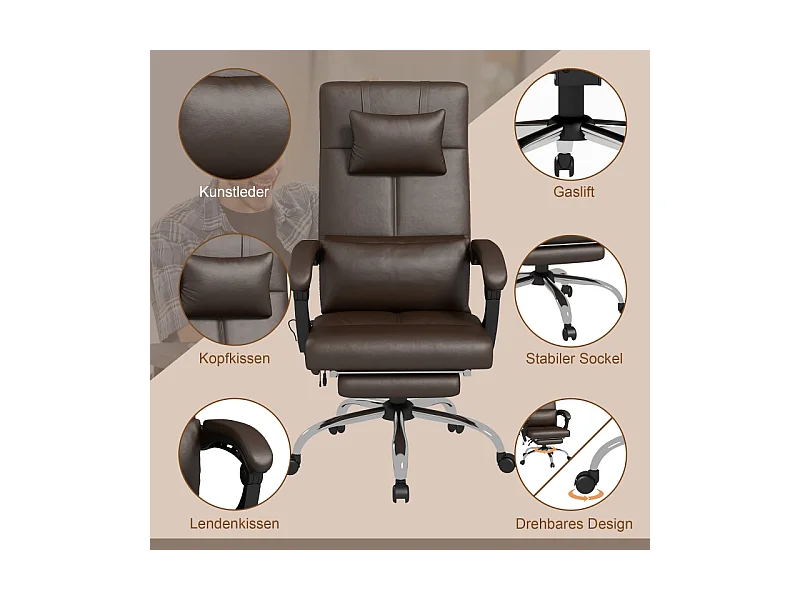 Chaise de Bureau ergonomica con massaggio 6 punti, chauffage, dossier inclinabile, repose-pieds, brun