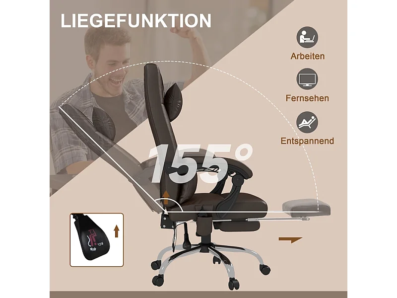 Silla de oficina ergonómica con masaje de 6 puntos, calefacción, respaldo reclinable, reposapiés, color marrón