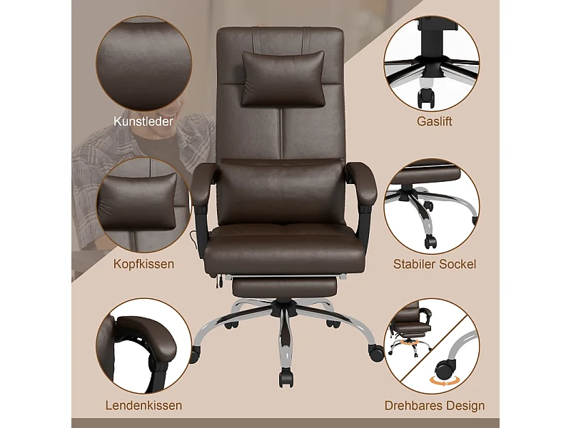Silla de oficina ergonómica con masaje de 6 puntos, calefacción, respaldo reclinable, reposapiés, color marrón