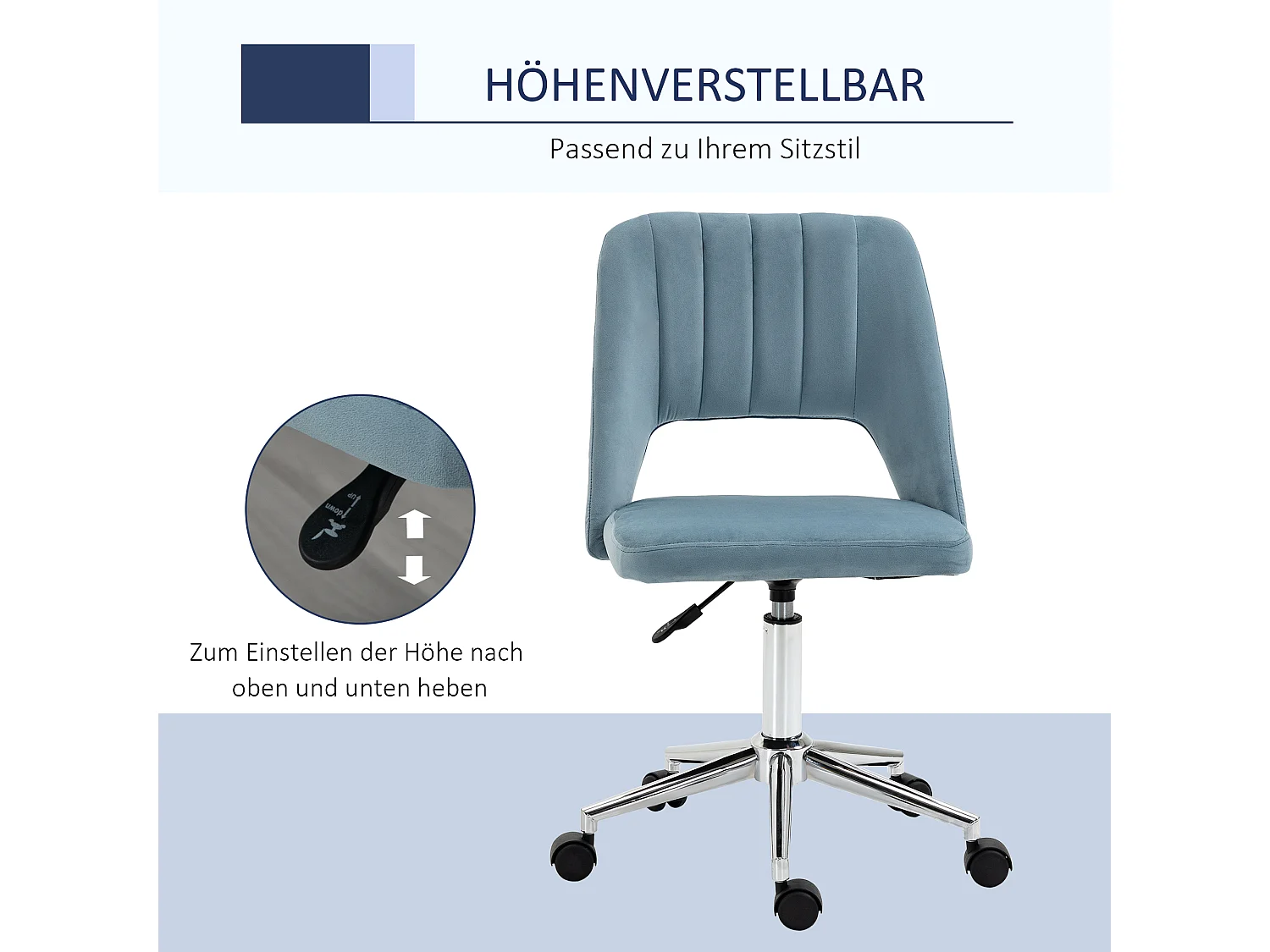 Chaise de bureau ergonomique en velours bleu hauteur réglable pivotante pour salon et bureau