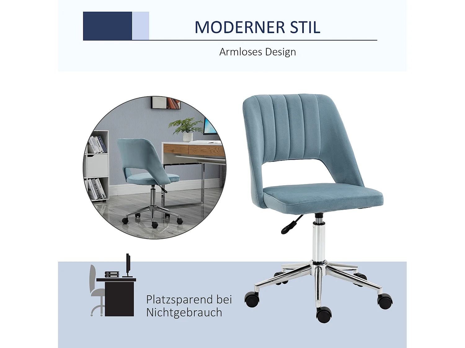Chaise de bureau ergonomique en velours bleu hauteur réglable pivotante pour salon et bureau
