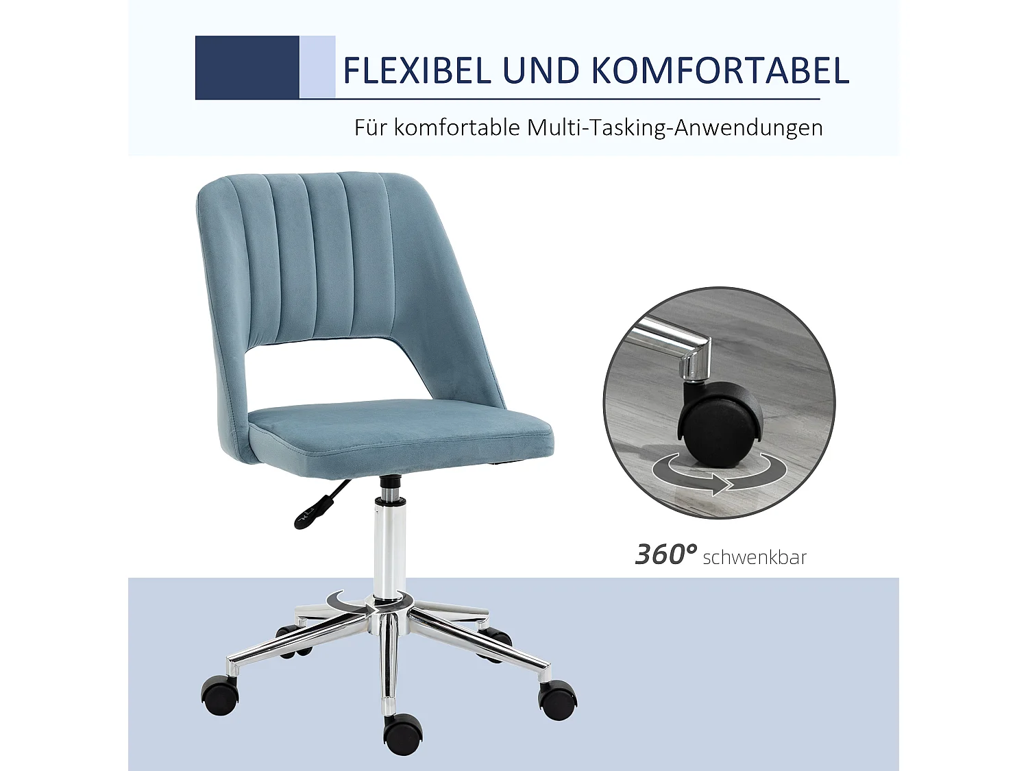 Chaise de bureau ergonomique en velours bleu hauteur réglable pivotante pour salon et bureau