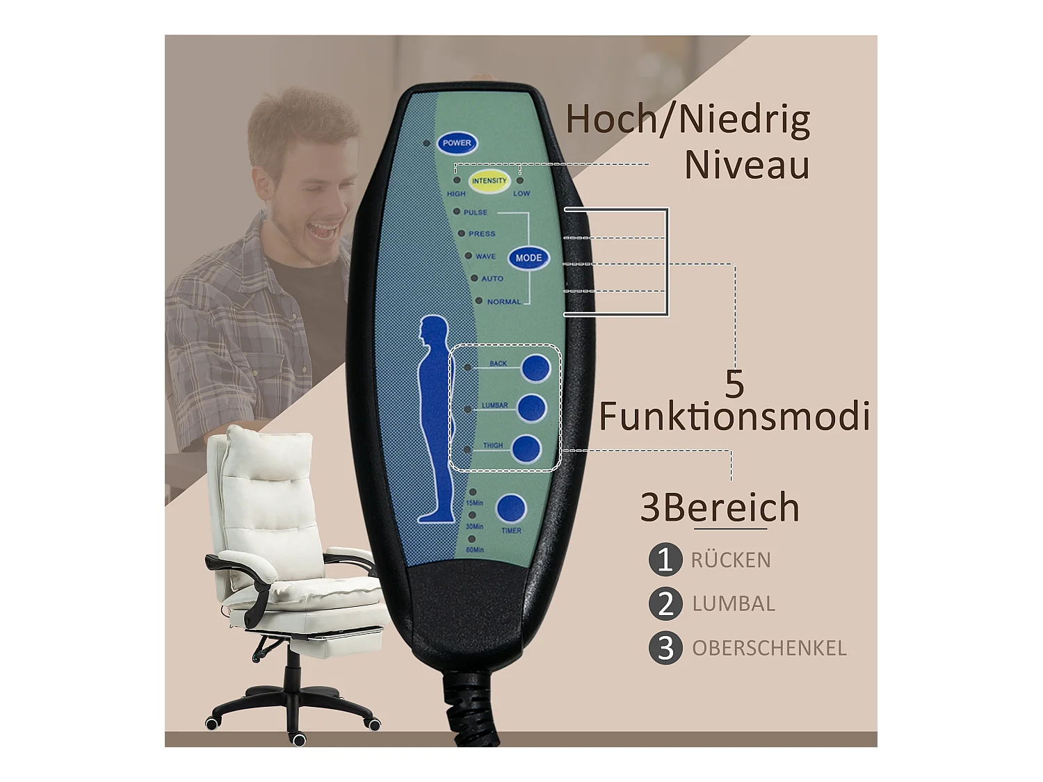 Chaise de Bureau ergonomica con massaggio 6 punti, pivotante, con repose-pieds, crema