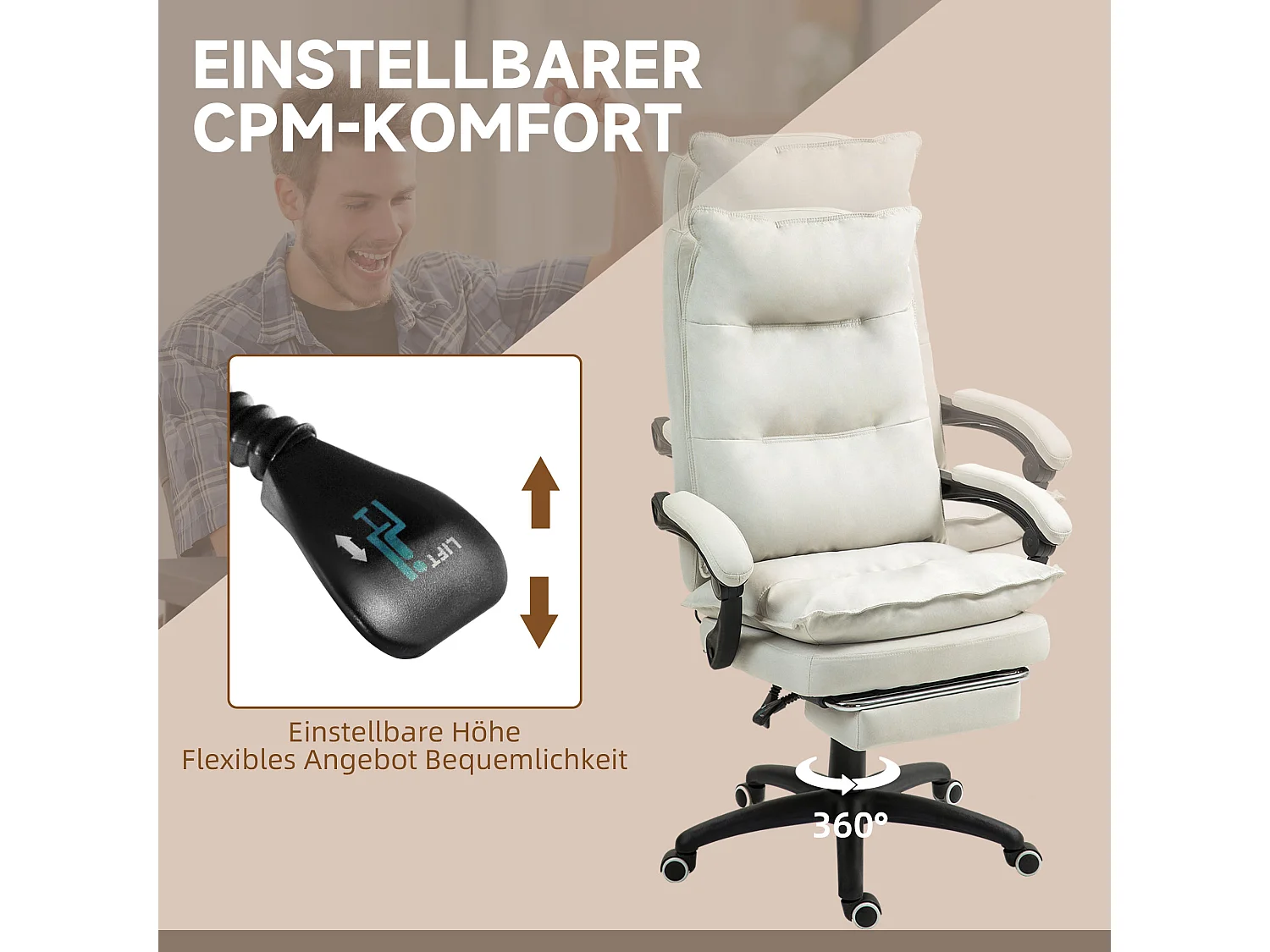 Chaise de Bureau ergonomica con massaggio 6 punti, pivotante, con repose-pieds, crema