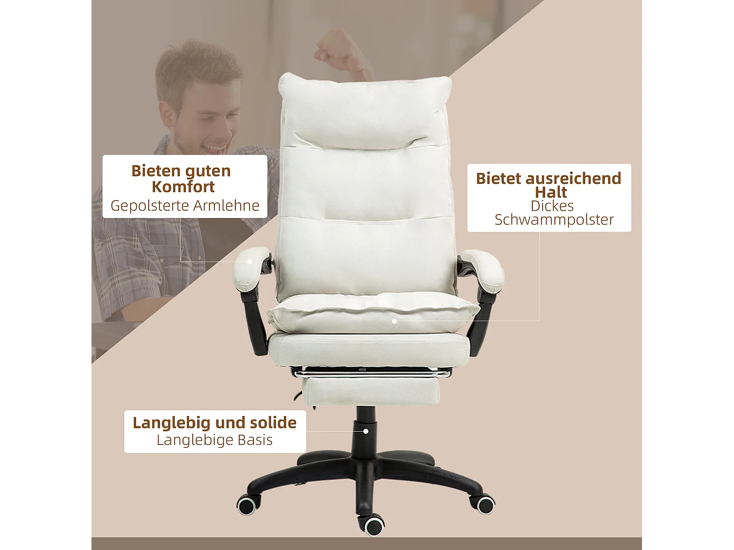 Chaise de Bureau ergonomica con massaggio 6 punti, pivotante, con repose-pieds, crema