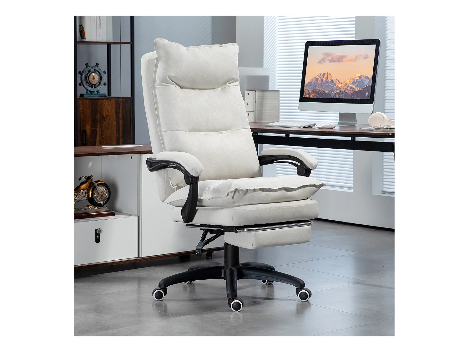 Silla de oficina ergonómica con masaje de 6 puntos, giratoria, con reposapiés, color crema