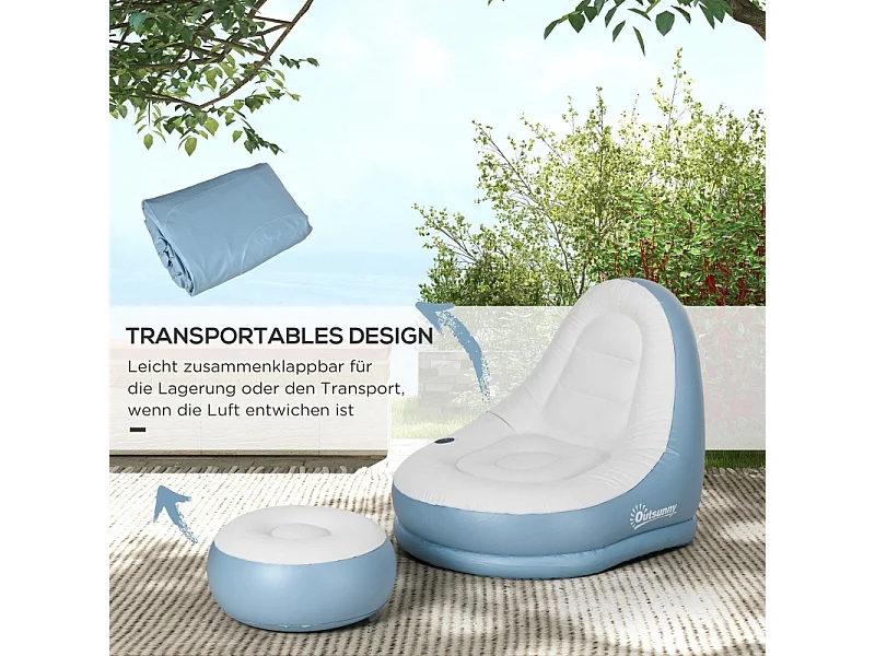 Sofá inflável com apoio para os pés e porta-copos de plástico resistente para casa e camping, branco, 125x100x87cm