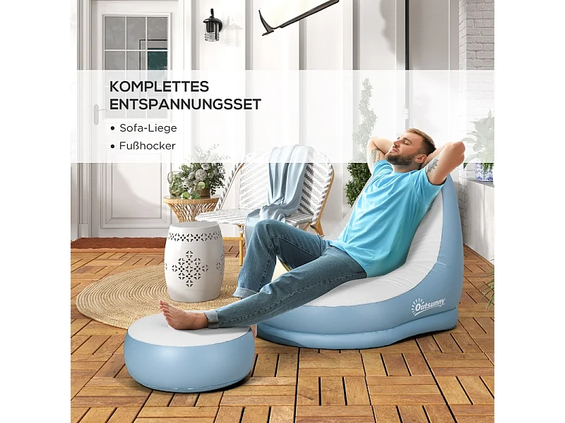 Sofá inflable con reposapiés y portavasos de plástico resistente para casa y camping, blanco, 125 x 100 x 87 cm