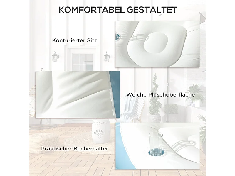 Sofá inflable con reposapiés y portavasos de plástico resistente para casa y camping, blanco, 125 x 100 x 87 cm