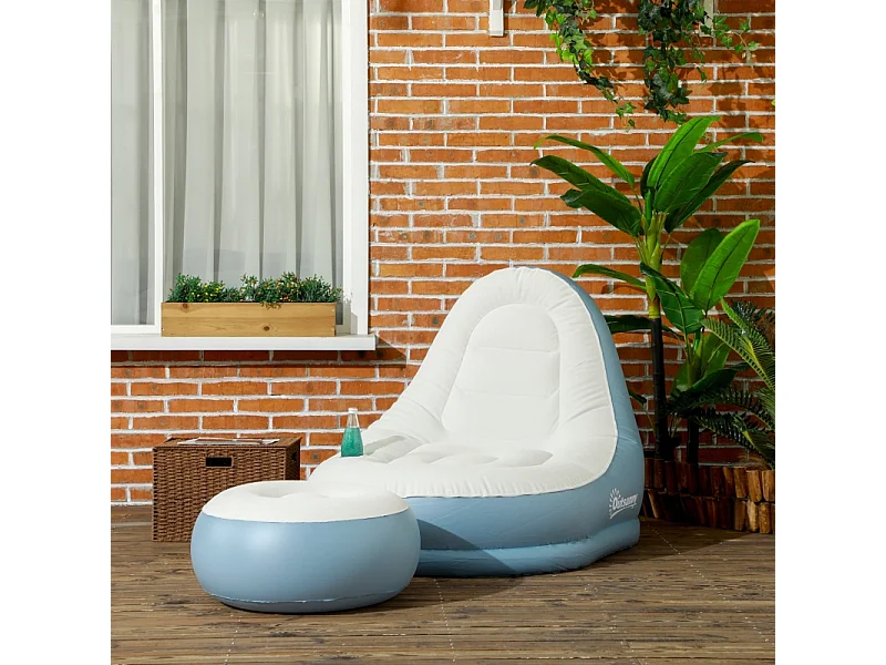 Sofá inflable con reposapiés y portavasos de plástico resistente para casa y camping, blanco, 125 x 100 x 87 cm