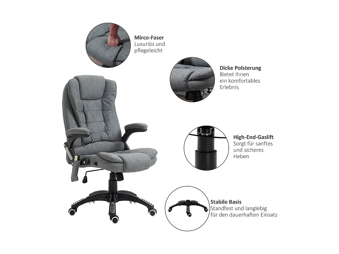 Chaise de bureau ergonomique massage chauffante pivotante tissu gris 67x74x116-126 cm