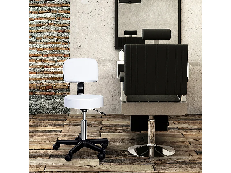 Taburete de trabajo ajustable con respaldo de PU para oficina, salón, spa, blanco, 35 x 72-84 cm