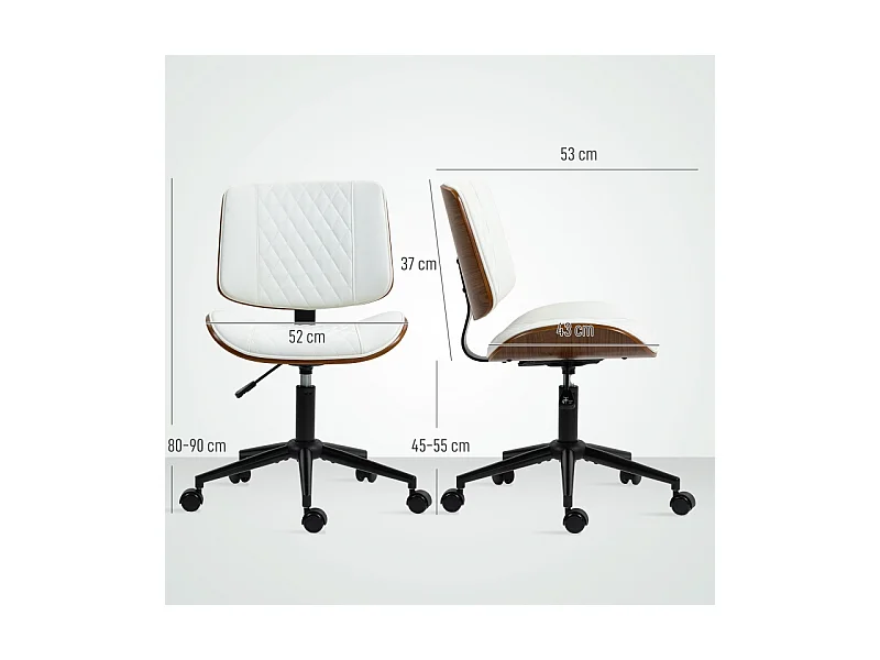 Silla de oficina giratoria de piel sintética con ruedas, altura regulable, color blanco, 52x53x80-90 cm