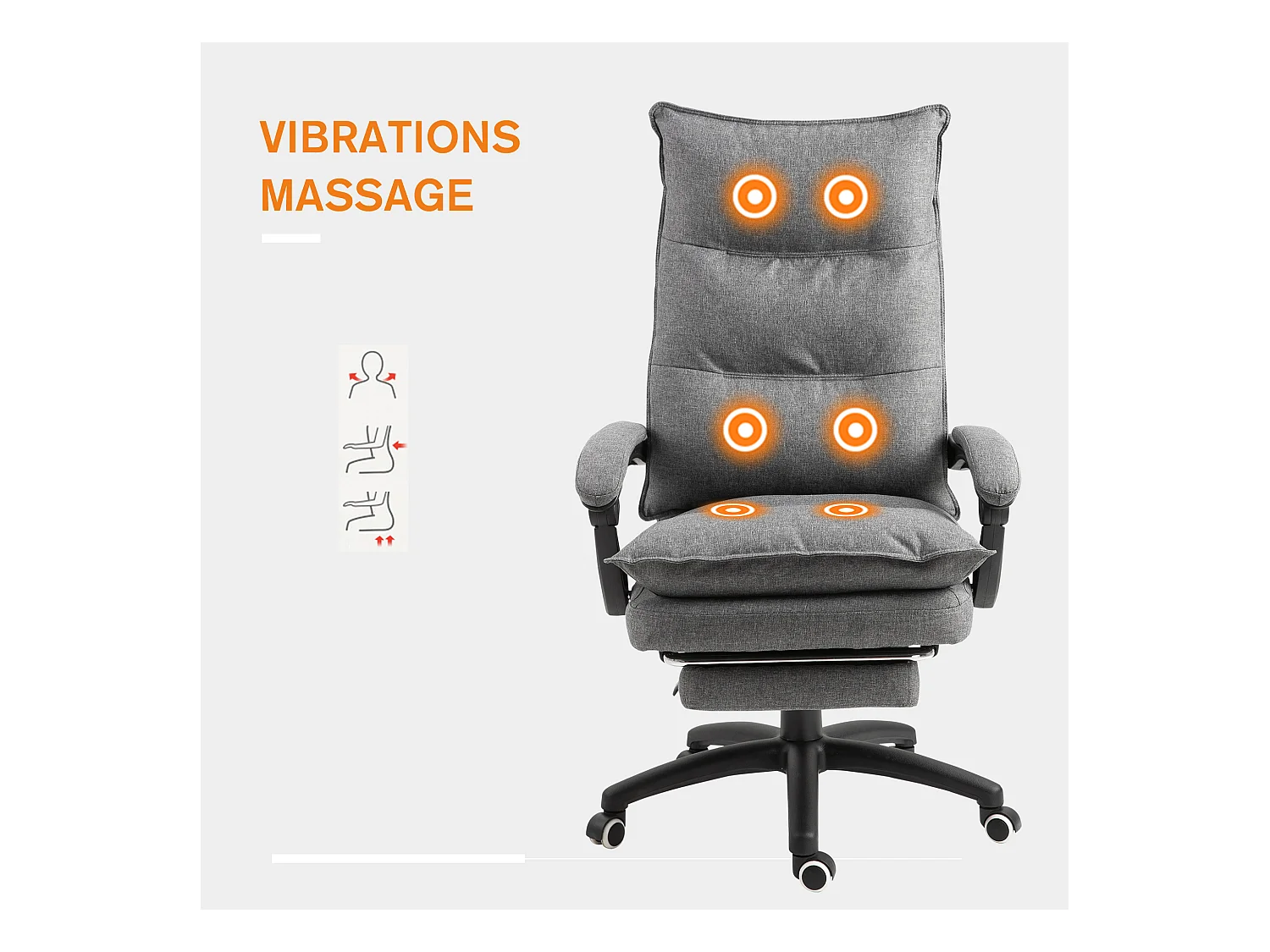 Cadeira de escritório ergonômica de tecido com massagem, altura ajustável, apoio para os pés, cinza