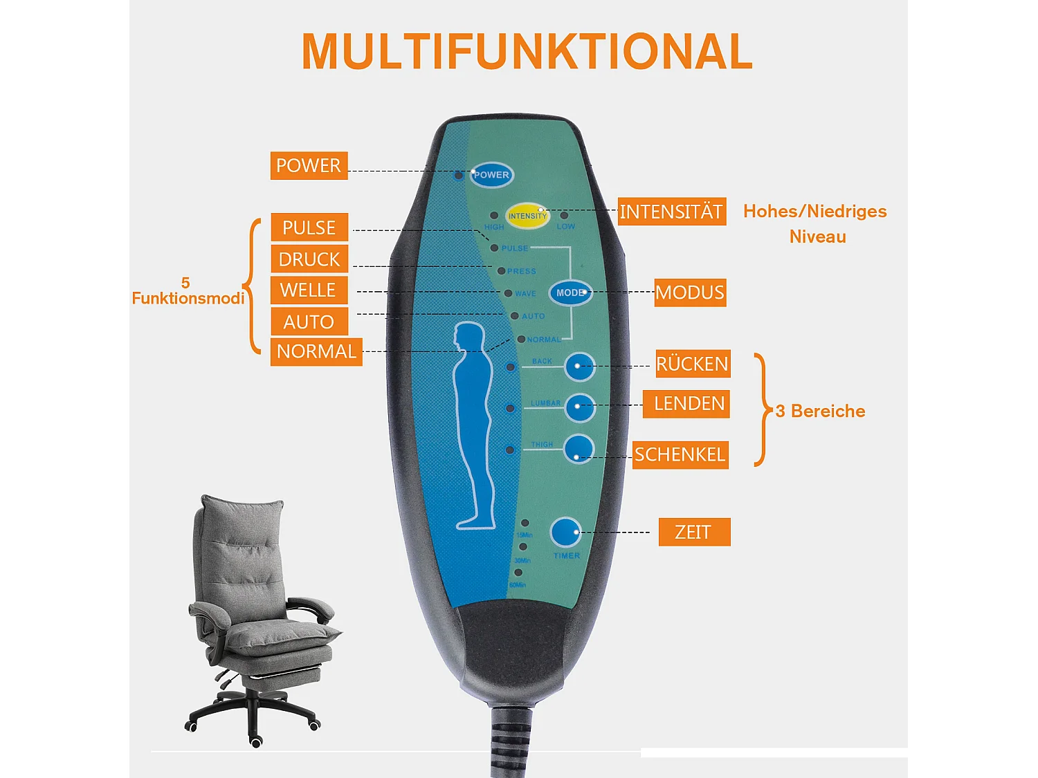 Chaise de bureau ergonomique en tissu avec massage, hauteur réglable, repose-pieds, gris