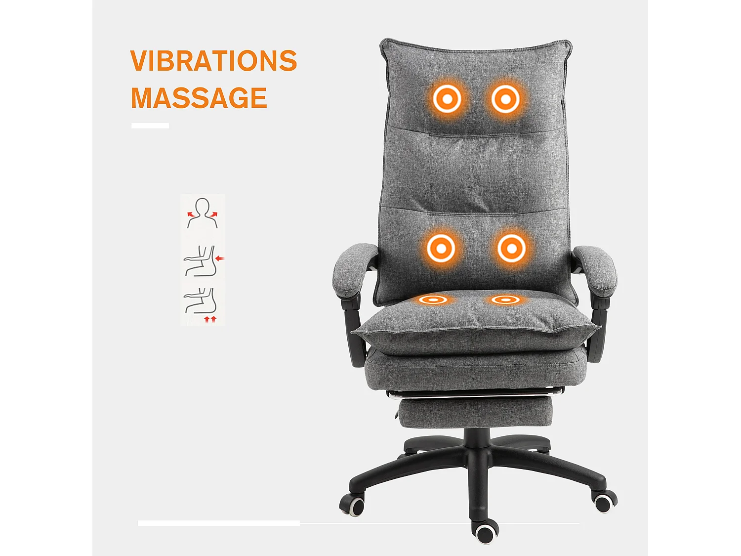 Chaise de bureau ergonomique en tissu avec massage, hauteur réglable, repose-pieds, gris