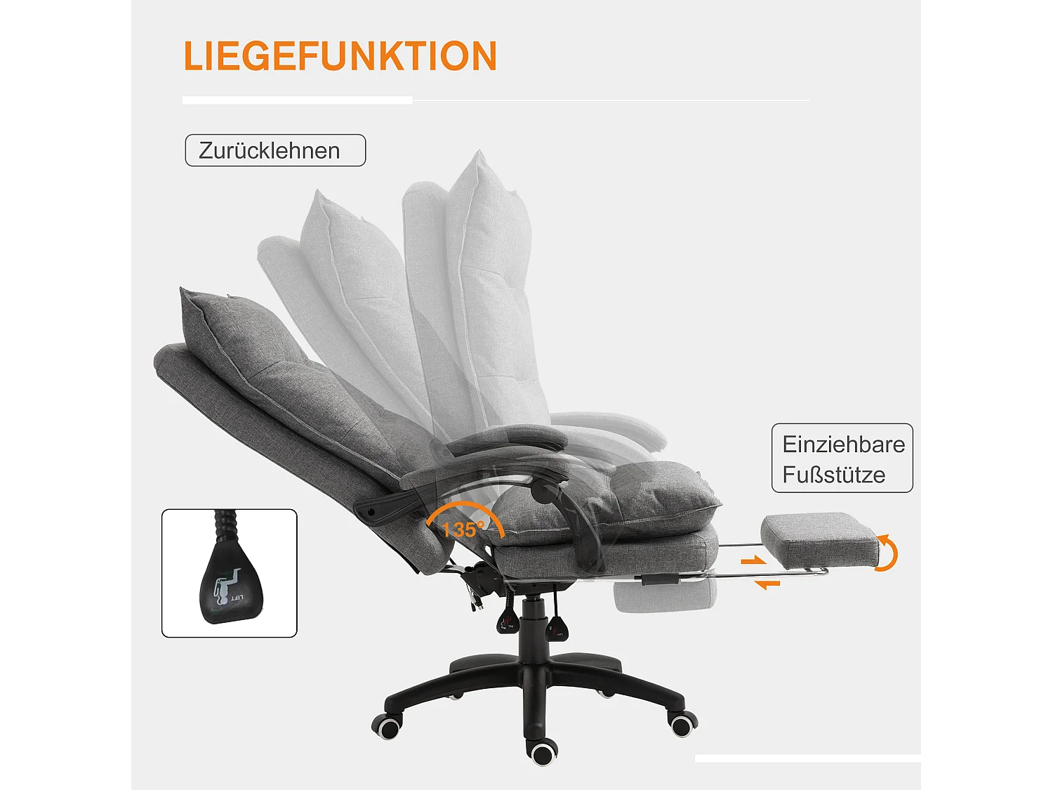Chaise de bureau ergonomique en tissu avec massage, hauteur réglable, repose-pieds, gris