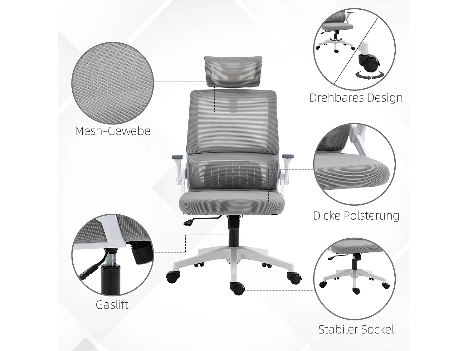 Cadeira de escritório ergonômica em malha com apoio de cabeça, braços ajustáveis ​​e apoio lombar, cinza