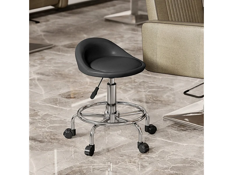 Banco ajustável com rodinhas em couro sintético com encosto giratório 360° para sala de estar, preto, 59-75 cm