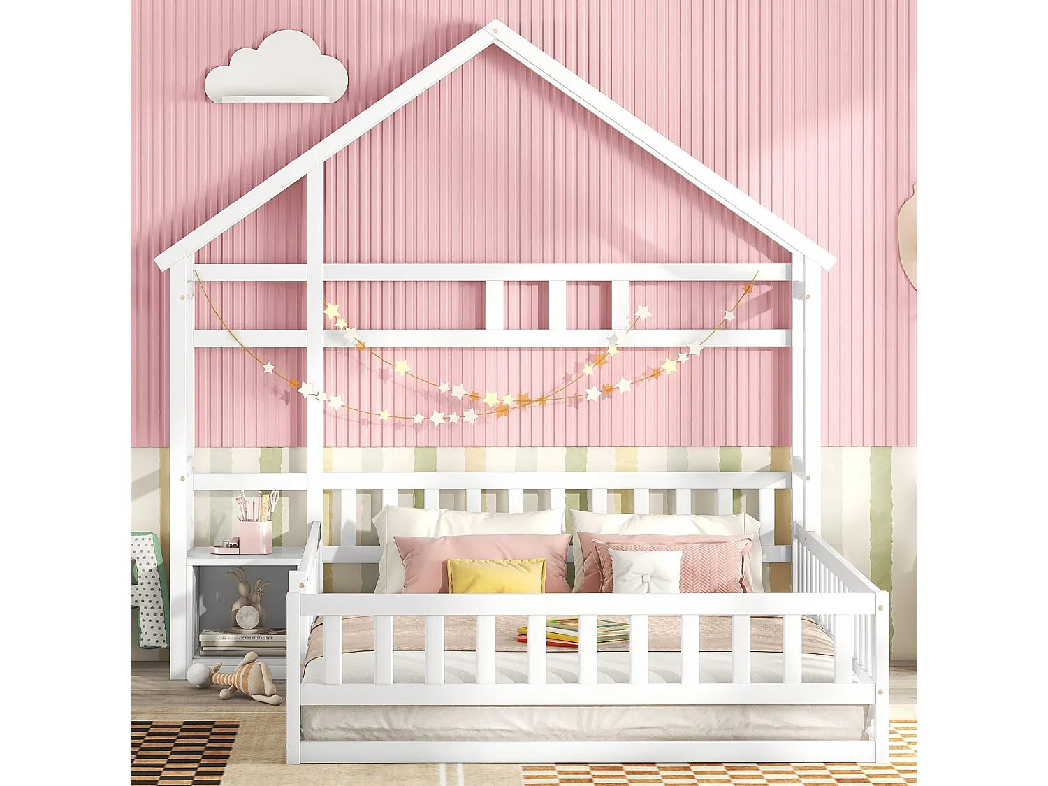 Cama infantil 140x190 em madeira de pinho com guarda-corpo e mesa de cabeceira branca